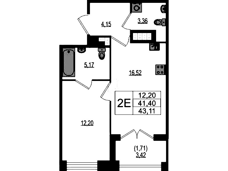 1-комнатная квартира 43.11 м², 3/4 эт., ЖК «Ranta Residence»